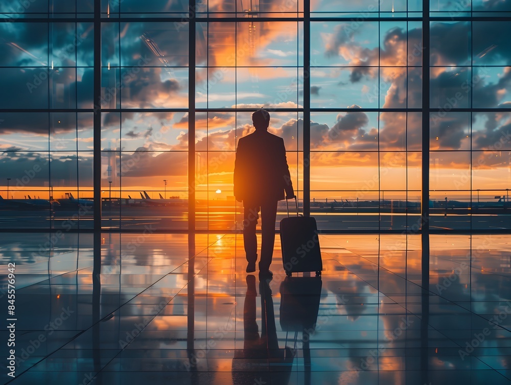 Business Traveler at Airport Sunset with Luggage Ready for Global Deals Business Traveler at Airport Sunset with Luggage Ready for Global Deals