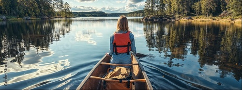 Kayak summertime trip. A woman paddling kayak. Vacation or holiday enjoying rafting or boat activity.