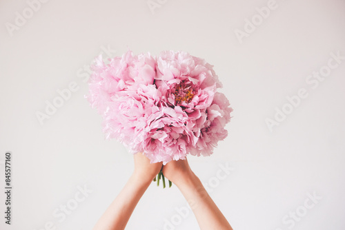 Hands holding beautiful bunch of fresh fluffy pink peonies in full bloom against white background. Summery bouquet of blooming flowers. Copy space for text.