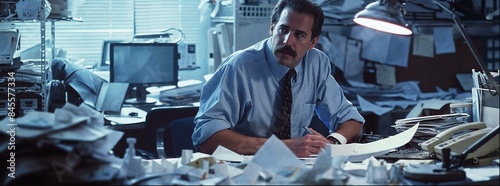 An office man in blue t-shirts and moustache on his workplace surrounded by documents, folders and others. 90s, USA