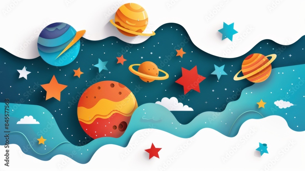 Stars in the solar system, cartoon image, white background, paper cut Stars in the solar system, cartoon image, white background, paper cut