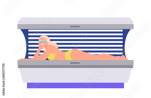Pretty woman cartoon character enjoying sunbathing inside solarium machine isolated on white