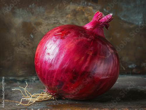 Still life style. Red onion isolated on dark color and rustic background.