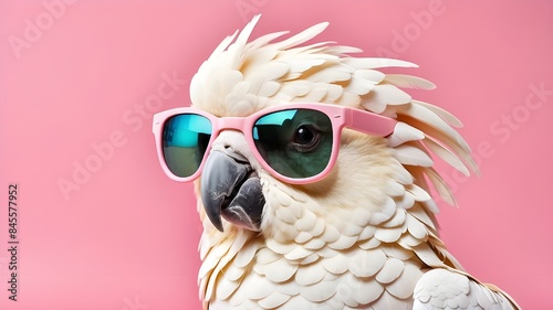 White cockatoo parrot with sunglasses, so cute. Animal, domestic pet bird, Australia. pastel pink background that is solid. Web banner for a tropical summer holiday concept. Funny birthday invitations photo