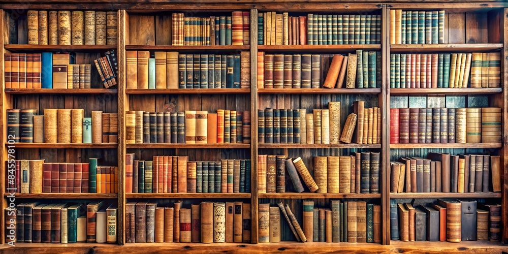 Altes Buchregal aus Holz mit alten Büchern - Bildung - Lesen - Wissen - Bibliothek - Studieren und lernen - warmes Licht - Vintage Altes Buchregal aus Holz mit alten Büchern - Bildung - Lesen - Wissen - Bibliothek - Studieren und lernen - warmes Licht - Vintage