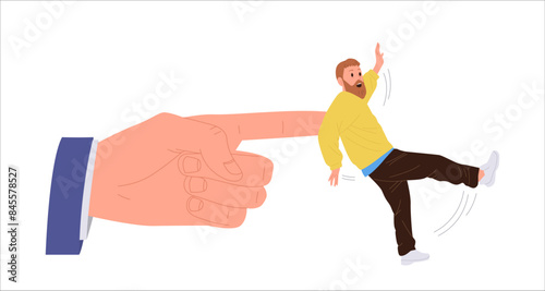 Puppet master hand pushing scared man cartoon character vector illustration isolated on white