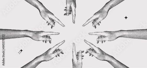 Trendy Halftone Collage Hands arranged in circle point their fingers towards an empty space. Team idea concept. Hand gestures. Pixel pop art. Dots texture effect. Contemporary vector illustration