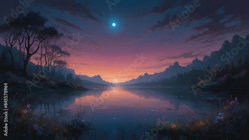 Sunset over river artistic painting background