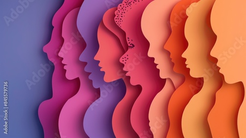 Happy women's day card with Five women of different ethnicities and cultures stand side by side together. Strong and brave girls support each other. Sisterhood and females friendship. Vector
