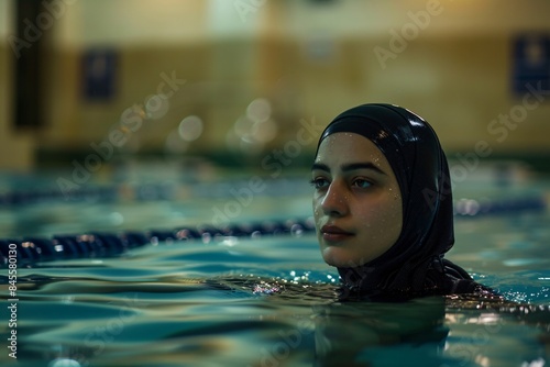 woman wear hijab swimming in pool. partially submerged in the water, the face visible above water