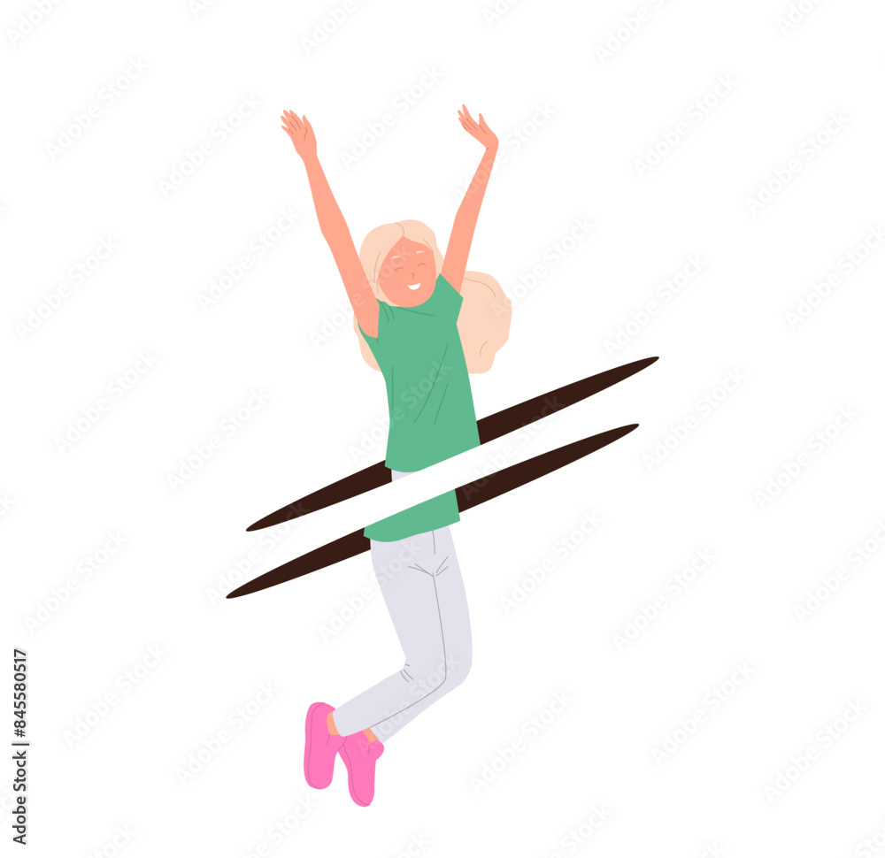 Fototapeta premium Cheerful teen girl cartoon character jumping through futuristic gate hole isolated on white