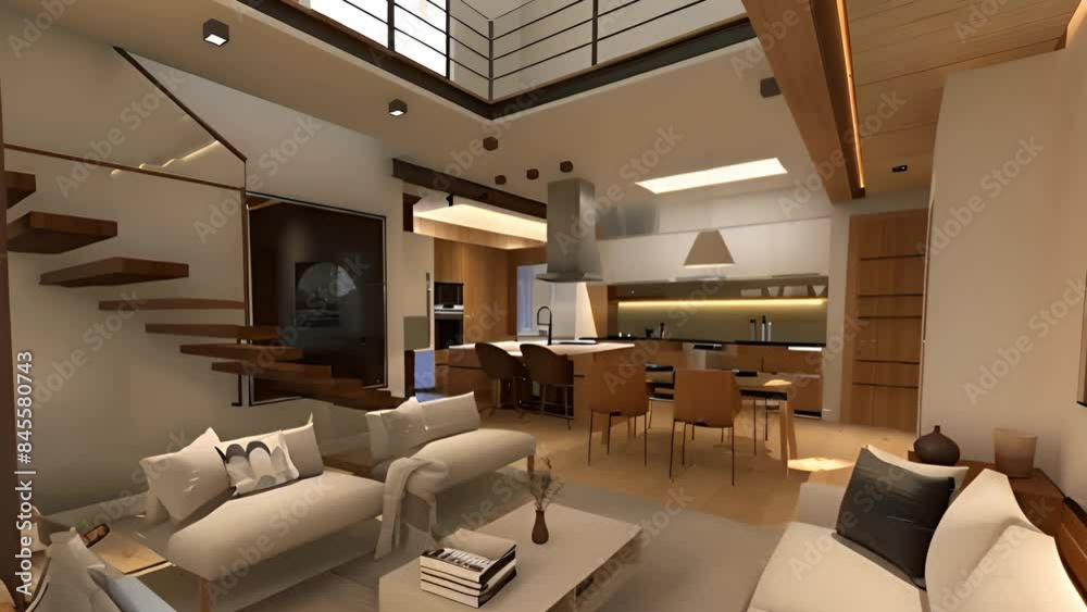 A modern, open-concept living room with a sleek, contemporary design, featuring a comfortable white sofa and a coffee table.