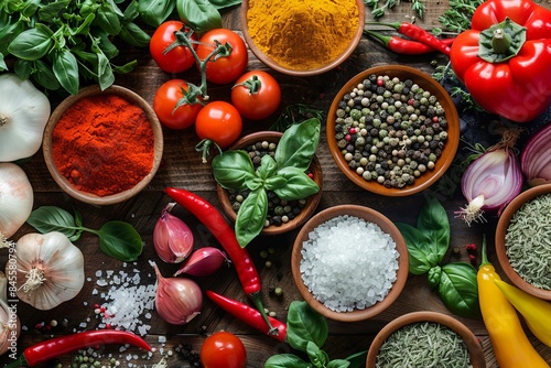 A variety of fresh vegetables and aromatic spices are arranged on a rustic wooden kitchen table. The image features red peppers, tomatoes, onions, garlic, and fresh herbs