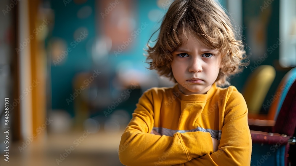 Resentful Child with Crossed Arms and Confrontational Gaze in Counselor's Office Resentful Child with Crossed Arms and Confrontational Gaze in Counselor's Office