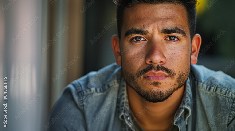Obraz premium Young Hispanic Man in Denim Shirt with Serious Expression Outdoors
