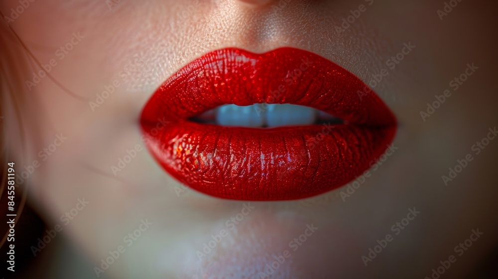 Detailed close-up of glossy red lips wearing vibrant lipstick, showing texture and shine, creating a bold and sensual look. Detailed close-up of glossy red lips wearing vibrant lipstick, showing texture and shine, creating a bold and sensual look.