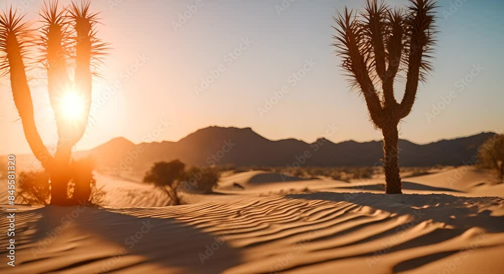 Two joshua trees are silhouetted against a beautiful sunset in the desert, with the sun shining through their branches and casting long shadows on the sand dunes