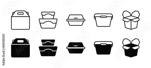 Food bag or box thin line icon set. Containing packaging, cardboard box, container, product, snack, lunch box, paper, eatery, fast food, tableware. Vector illustration