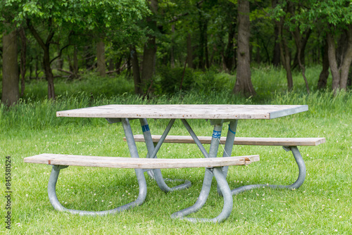 Park Picnic table bench rest relax outdoors. Benches and tables on green grass in recreational area.