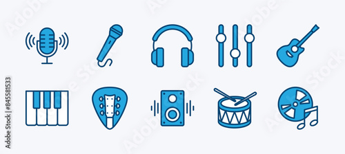 Set of music equipment icon. Containing microphone, headphone, guitar pick, control panel or equalizer, piano, speaker, drum, recording disc. Vector illustration