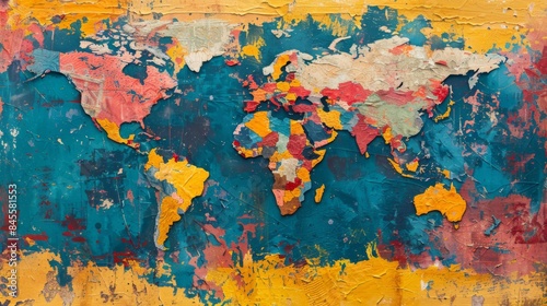 world map, pop color, abstract illustration, collage