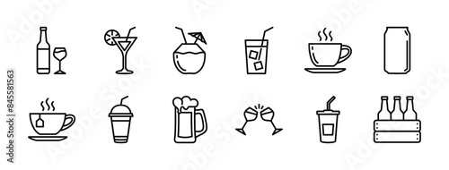 Beverages or drinks thin line icon set. Containing bottle, wine glass, coconut, mineral water, tea, coffee, beer, soda can, juice, cup, cocktail. Vector illustration