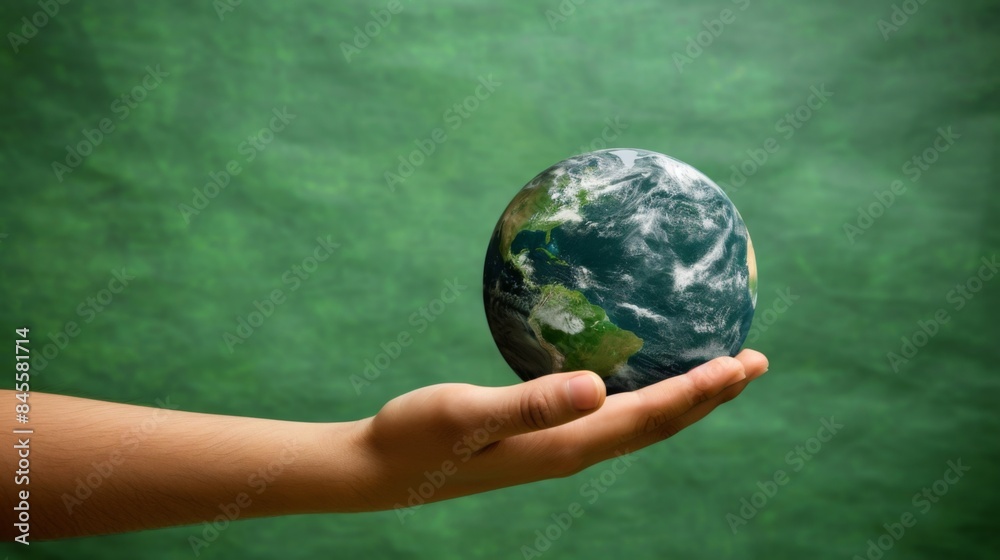 Hand holding planet earth on the palm of a hand. eart day concept, studio green background Hand holding planet earth on the palm of a hand. eart day concept, studio green background