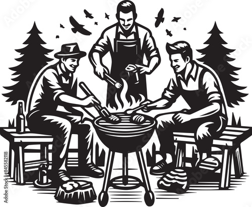 Barbecue Vector Illustration Silhouette. Barbecue grill emblem vintage monochrome for cooking delicious juicy meat on open fire during summer picnic vector illustration