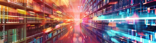 A digital library of books and data, with colorful bookshelves filled with various information tools like smartphones, tablets, and laptops, symbolizing the growth