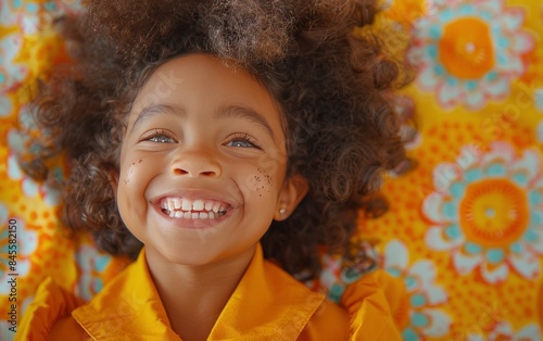 Young Girl With Curly Hair Smiles Against Colorful Floral Wall