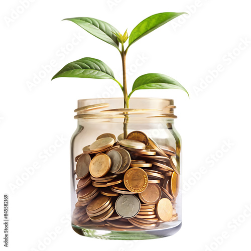 Green economy jar with money and growing plant