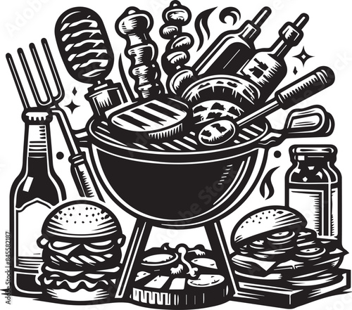 Barbecue Vector Illustration Silhouette. Barbecue grill emblem vintage monochrome for cooking delicious juicy meat on open fire during summer picnic vector illustration