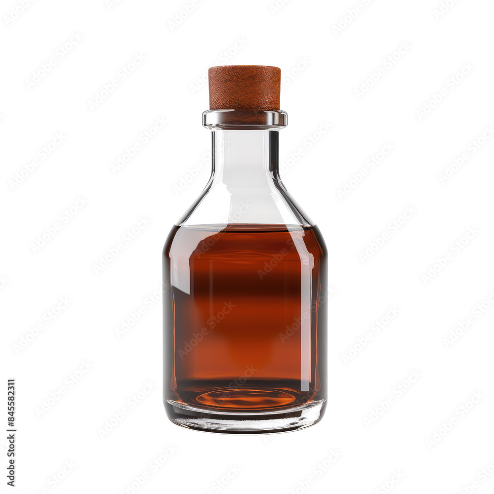 Small glass bottle with brown liquid and cork stopper isolated on transparent background Small glass bottle with brown liquid and cork stopper isolated on transparent background
