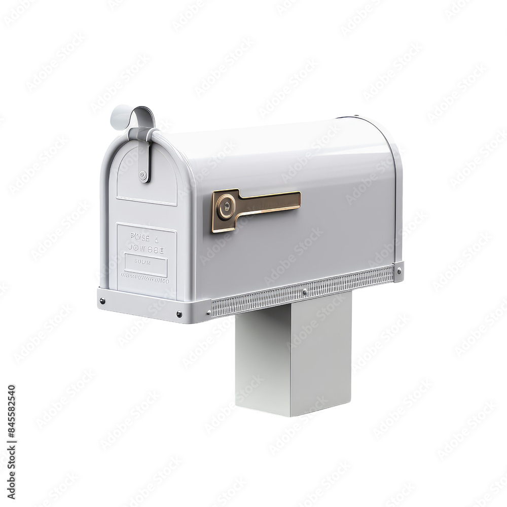 White mailbox with a bronze name plate and flag on top isolated on transparent background White mailbox with a bronze name plate and flag on top isolated on transparent background