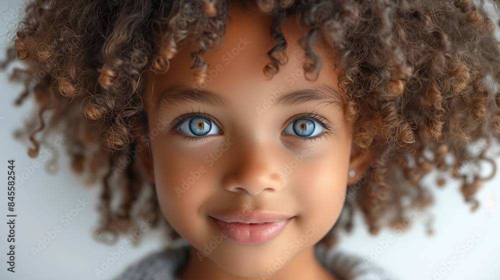 Fototapeta premium A young girl with curly hair and blue eyes is smiling. She has a blue shirt on. The girl's hair is styled in a ponytail. surprised and smilling afro girl , 7-8 years , looking at the camera