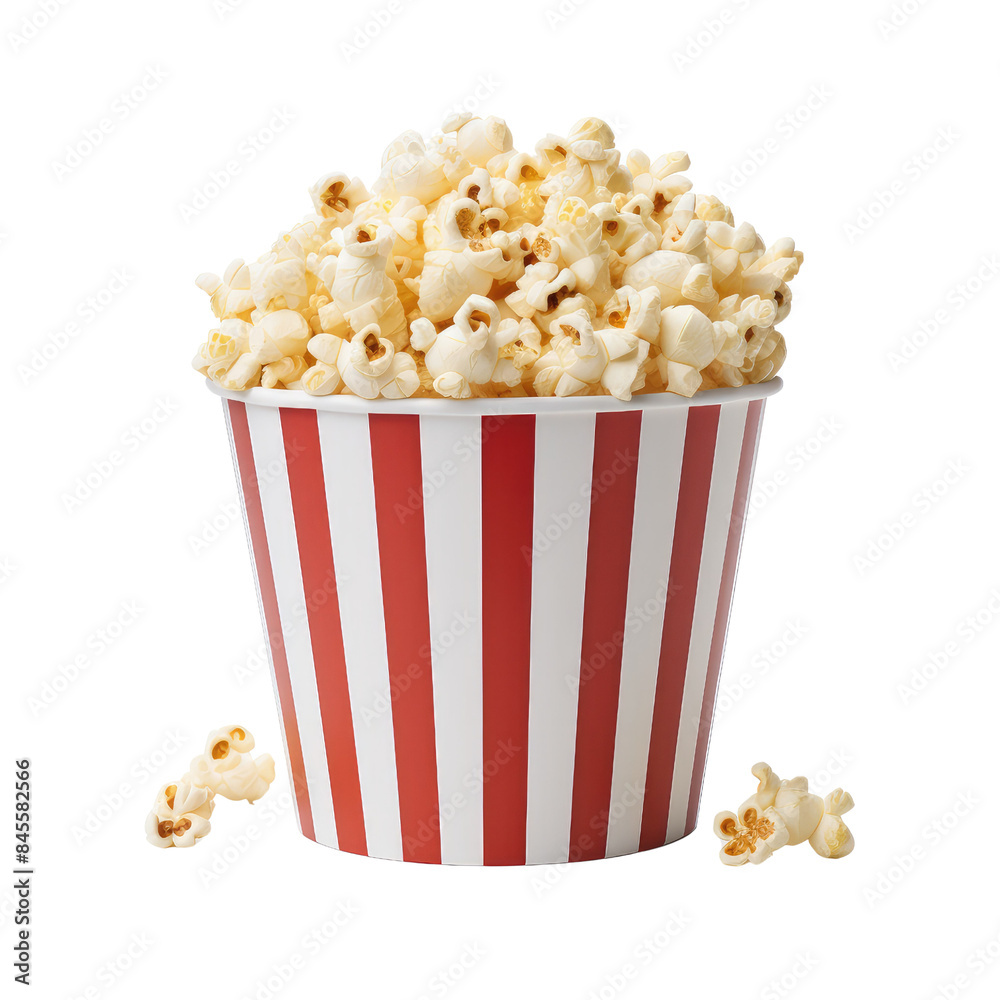A red and white striped bucket of popcorn isolated on a transparent background. A red and white striped bucket of popcorn isolated on a transparent background.