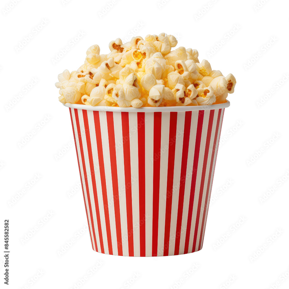 A red and white striped popcorn bucket full of popped popcorn isolated on transparent background A red and white striped popcorn bucket full of popped popcorn isolated on transparent background