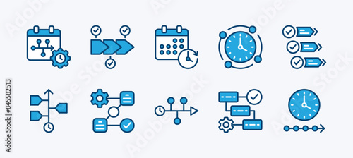 Set of timeline icon. Containing guideline, workflow, information, progress, step, management, schedule, hierarchy, infographic, organisation, procedure, system, scheme for event. Vector illustration