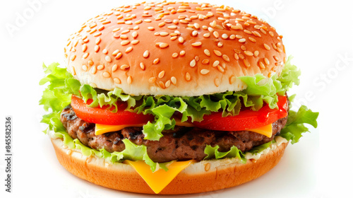 A cheeseburger with sesame seed bun, lettuce, tomato, and cheese, on a white background.