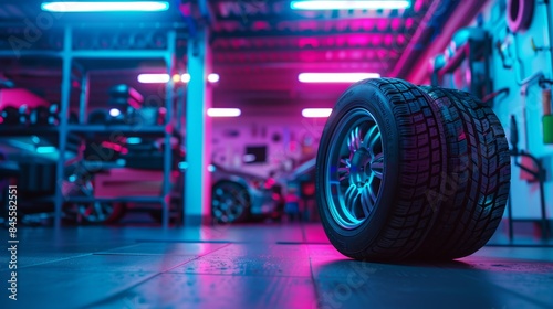 Close-up of a tire in a modern auto garage with neon lighting, illustrating automotive repair or maintenance themes. photo