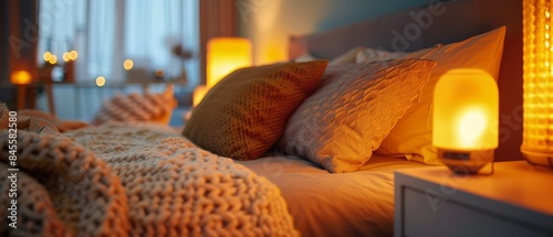 Cozy Bedroom With Warm Lighting and Pillows at Night