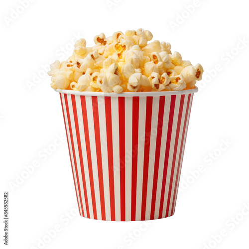 A red and white striped popcorn bucket full of popped popcorn isolated on transparent background