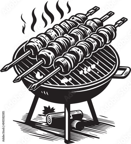 Barbecue Vector Illustration Silhouette. Barbecue grill emblem vintage monochrome for cooking delicious juicy meat on open fire during summer picnic vector illustration