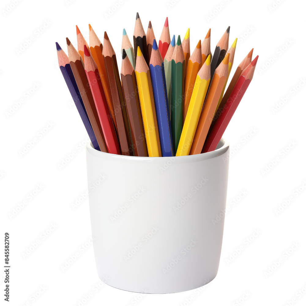 A white ceramic cup filled with sharpened colored pencils isolated on transparent background A white ceramic cup filled with sharpened colored pencils isolated on transparent background