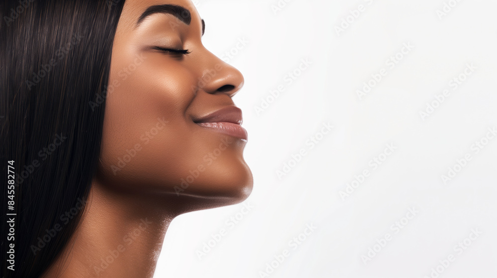 A beautiful woman with long, shiny wavy hair, smiling with eyes closed A beautiful woman with long, shiny wavy hair, smiling with eyes closed