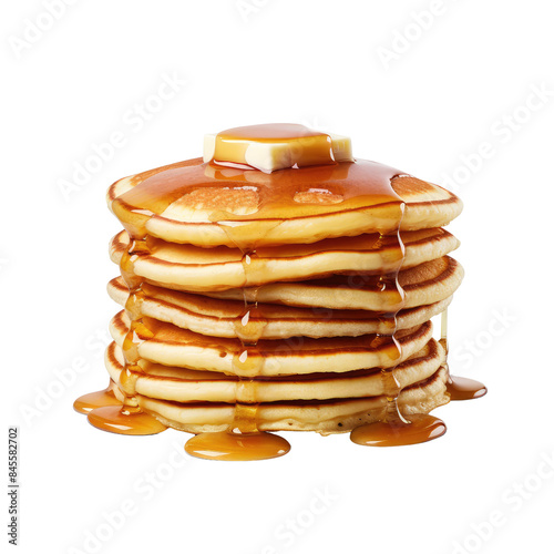 A stack of pancakes with butter and syrup isolated on transparent background