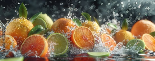 Fresh citrus fruits splashing in water.