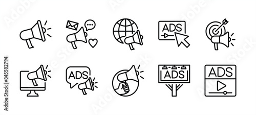 Business advertising thin line icon set. Containing megaphone, media social, online video, campaign, billboard, communication, marketing target, internet, website, adsense. Vector illustration
