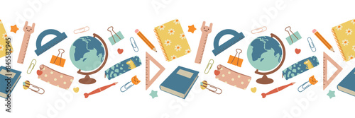 School seamless border. School stationery in clip art style. Back to school. Isolated vector illustration