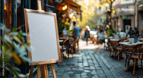 Blank Wooden Signboard Outside a Busy Restaurant in the Afternoon